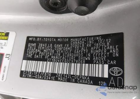 2013 Toyota Corolla Le z USA, uszkodzony, nr VIN 2T1BU4EE6DC978068